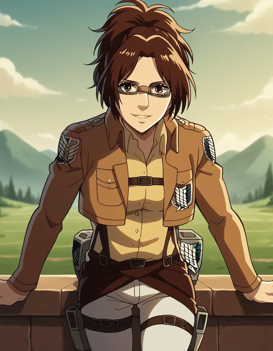 score_9, score_8_up, score_7_up, source_anime, <lora:zoe-hange-s1-ponyxl-lora-nochekaiser:1>, zoe hange, brown hair, brown eyes, jacket, ponytail, glasses, mature female, medium breasts,, <lora:paradis-military-uniform-ponyxl-lora-nochekaiser:1>, paradis military uniform, belt, cloack, cropped jacket, emblem, green cloak, jacket, long sleeves, pants, shirt, thigh strap, uniform, white pants, white shirt, brown jacket,, landscape, bent over, smile, looking at viewer, solo,, cowboy shot, dutch angle