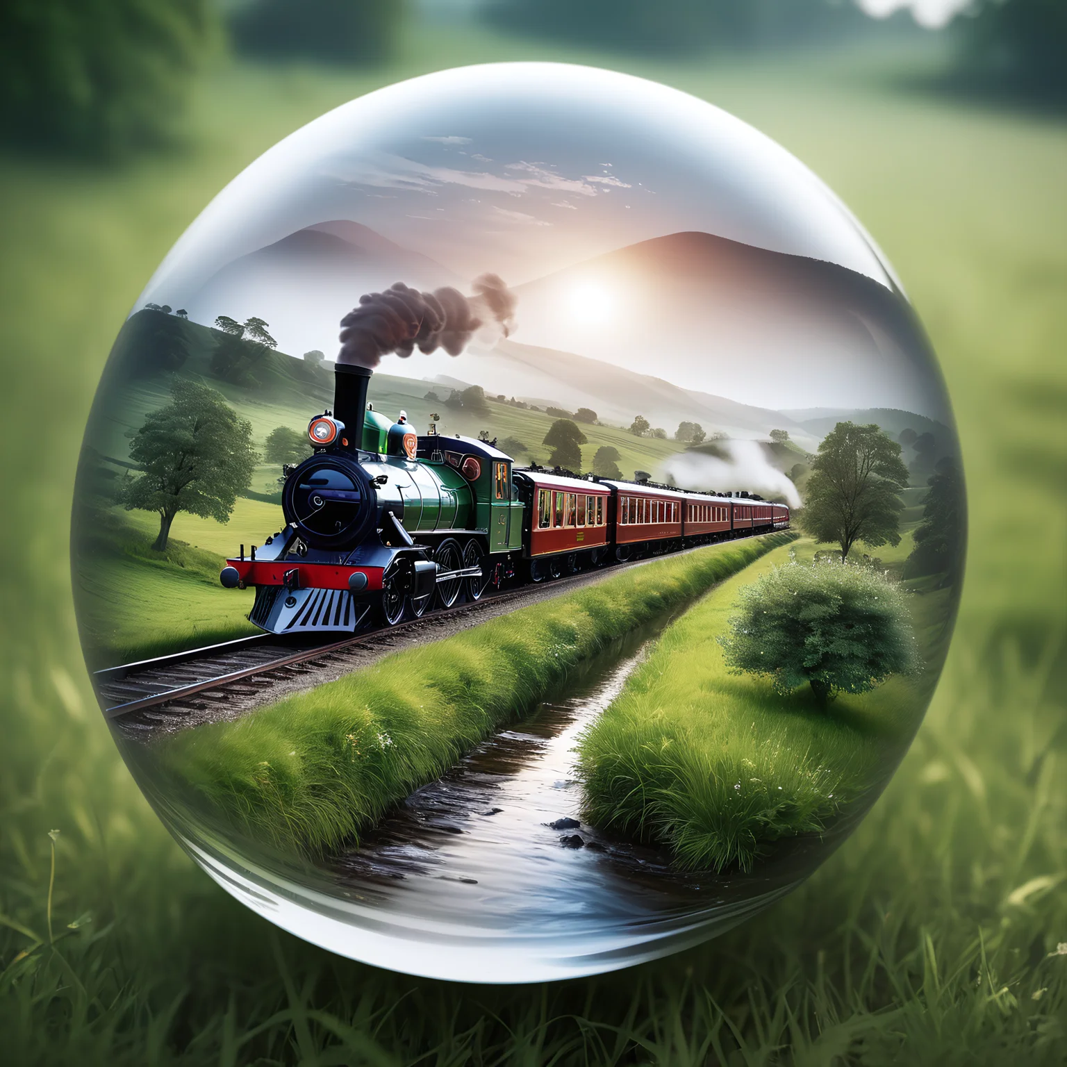 glass orb, a steam train in a beautiful landscape, very detailed, 4k, uhd, masterpiece