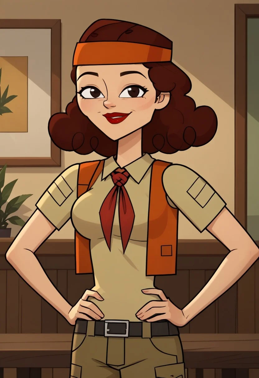 ((room background)),score_9, score_8_up, score_7_up,score_6_up,
1girl, solo, Lill_DC, light skin, dark brown eyes, dark red hair, shoulder-length hair, fluffy curly hair, orange headband, red lipstick, green beige explorer shirt, orange open waistcoat, red neckerchief, olive-green cargo shorts, black belt, long white socks, dark brown military boots, big eyes, cute, tall stature, social smile, perfect eyes, perfect smile, looking at the viewer, detailed eyes, perfect eyes, standing, big breasts (front pose, front view, bust shot) five fingers, perfect hands, hands on hips