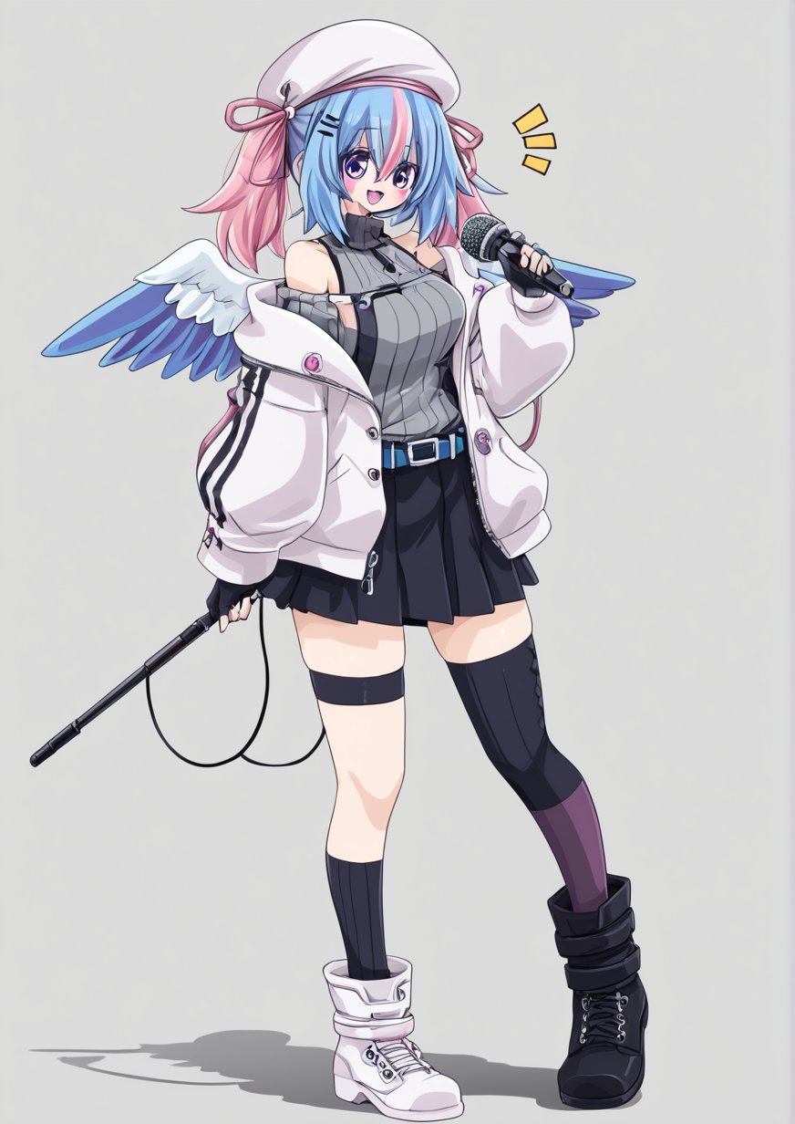1girl, amane kanata, amane kanata (3rd costume), huge breast, monster girl, angel wings, asymmetrical legwear, belt, beret, black gloves, black skirt, black socks, blue belt, blue hair, blue ribbon, blue thighhighs, blush, boots, cable, colored inner hair, feathered wings, fingerless gloves, foreshortening, full body, gloves, grey hair, grey shirt, hair between eyes, hair ornament, hairclip, hat, holding, holding microphone stand, hood, hooded jacket, jacket, medium hair, microphone, microphone stand, miniskirt, mismatched legwear, multicolored hair, off shoulder, official alternate costume, official alternate hairstyle, open clothes, open jacket, open mouth, pink hair, pink ribbon, pleated skirt, purple eyes, ribbed shirt, ribbon, shadow, shirt, signature, single hair intake, single thighhigh, skirt, smile, socks, soles, solo, streaked hair, thighhighs, turtleneck, twintails, uneven legwear, white footwear, white headwear, white jacket, wings, <lora:éæ kinkuri:1>