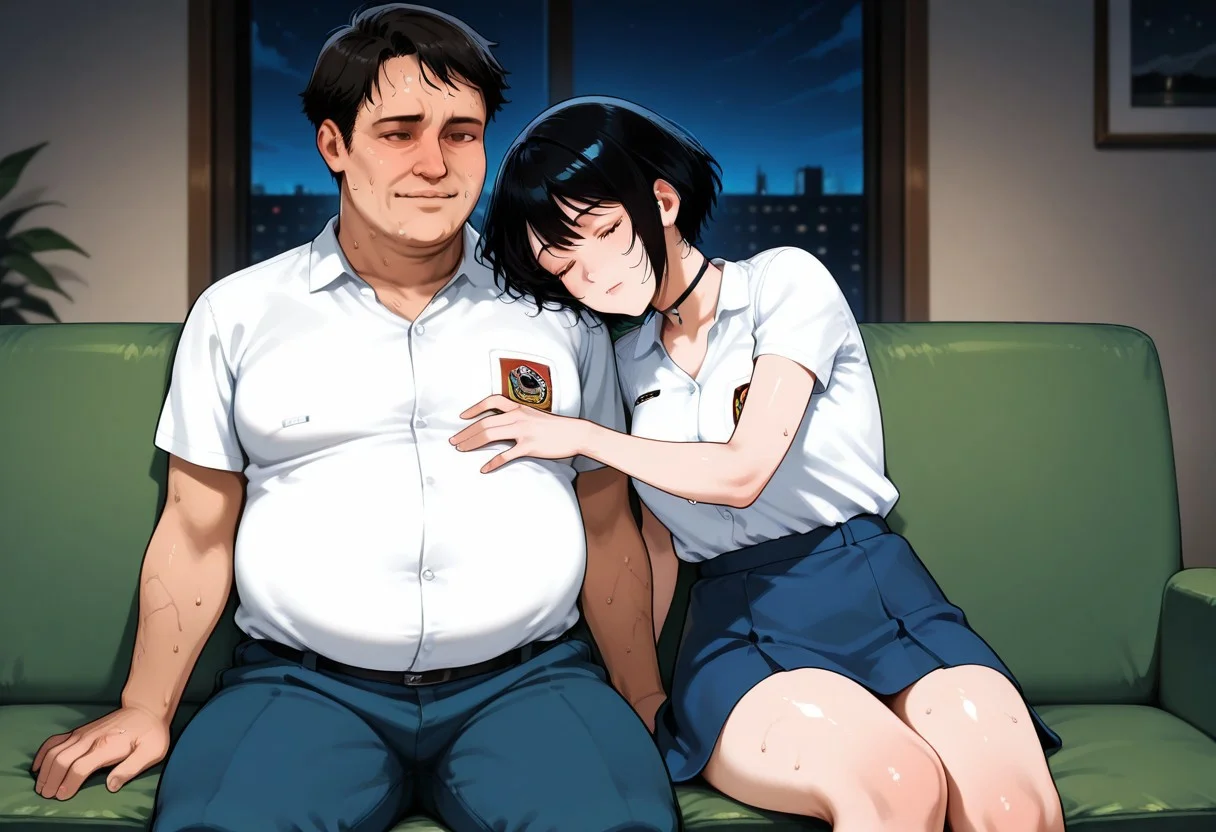 score_9, score_8_up, score_7_up, source_anime, masterpiece, high quality, best quality, highly detailed, insanely detailed, very aesthetic, absurdres, 1girl, 1guy, hetero, indoors, living room, sofa, at night, hot temperature, sultry room, depth of field, fallen asleep, wholesome,
BREAK,
1GIRL, LindawaifuIL, black hair, short hair, bob cut, brown eyes, choker, white shirt, collared shirt, emblem, short sleeves, blue skirt, (shiny skin, sweat), five fingers, sleeping, light smile, exhausted, tired, swelter, feeling hot, very sweaty skin, dripping sweat, sweating, steaming body, hugging, sitting on sofa,
BREAK,
1GUY, random guy, fat man, ugly man, white shirt, collared shirt, emblem, short sleeves, blue pants, sleeping, arm around another, sitting beside girl,