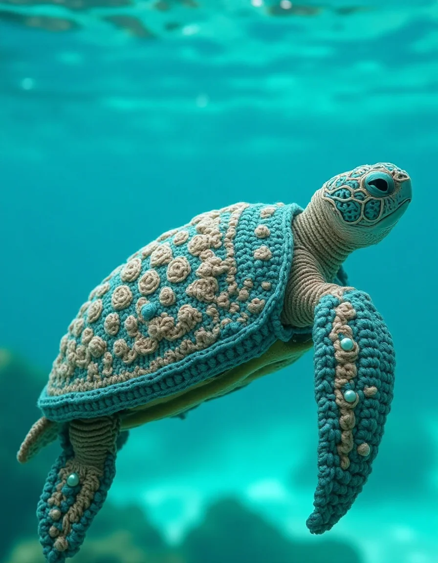 Depict a turtle wearing ral-kntarmr, a crochet-style armor designed to cover its shell and limbs. The armor features ocean-inspired patterns in turquoise and sandy beige, with subtle pearl-like embellishments. The turtle swims gracefully in clear blue water, its armor blending with the serene aquatic environment
<lora:ral-kntarmr-flux:1>