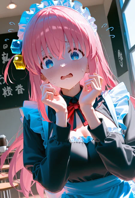 <lora:EtherPDXLStyleXL:1>, best quality, masterpiece, EtherPDXLStyle, 1girl, gotoh hitori, @_@, bocchi the rock!, black dress, blue eyes, cflustered, cube hair ornament, maid apron, hands up, maid headdress, panicking, sweatdrop, pink hair, solo, upper body, dynamic angle, cafe