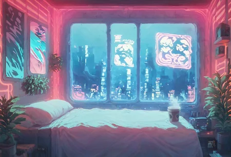score_9,score_8_up,score_7_up,score_6_up,
steaming coffee cup on windowsill, plants on the windowsill, wall of plants, monstera plant, large plant, tidy bedrrom, small room, cramped bedroom, teddies on the bed, cyberpunk city view out of the window, neon light, purple neon lights, posters, posters on the wall, anime posters, lewd posters, anime girls on the poster