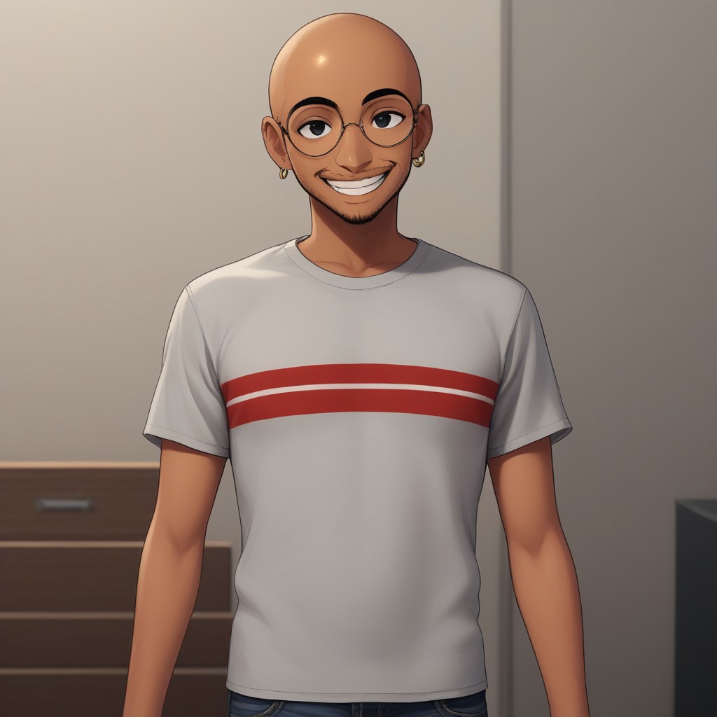 cartoon,solo,indoors,posing,smile,1boy,tanned skin,bald,beard stubble, black eyes,grey t-shirt with red stripe,jeans,round glasses,single earring