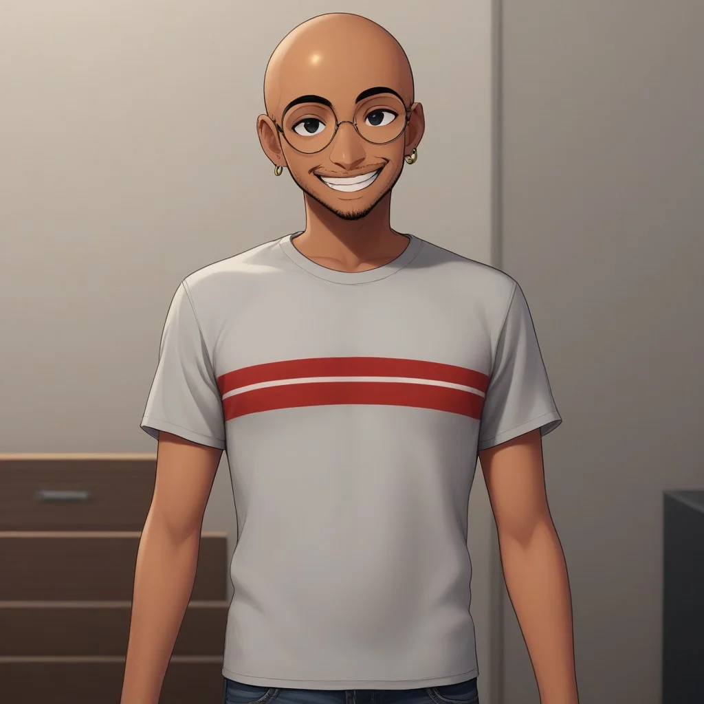 cartoon,solo,indoors,posing,smile,1boy,tanned skin,bald,beard stubble, black eyes,grey t-shirt with red stripe,jeans,round glasses,single earring