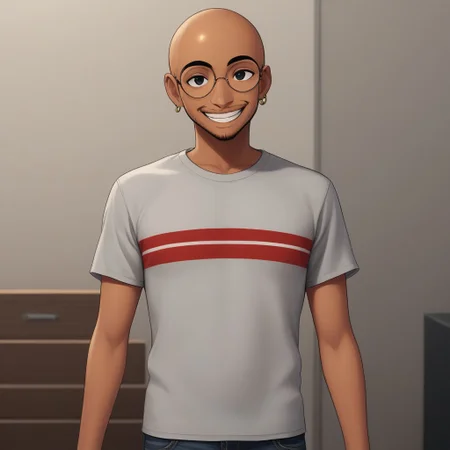 cartoon,solo,indoors,posing,smile,1boy,tanned skin,bald,beard stubble, black eyes,grey t-shirt with red stripe,jeans,round glasses,single earring