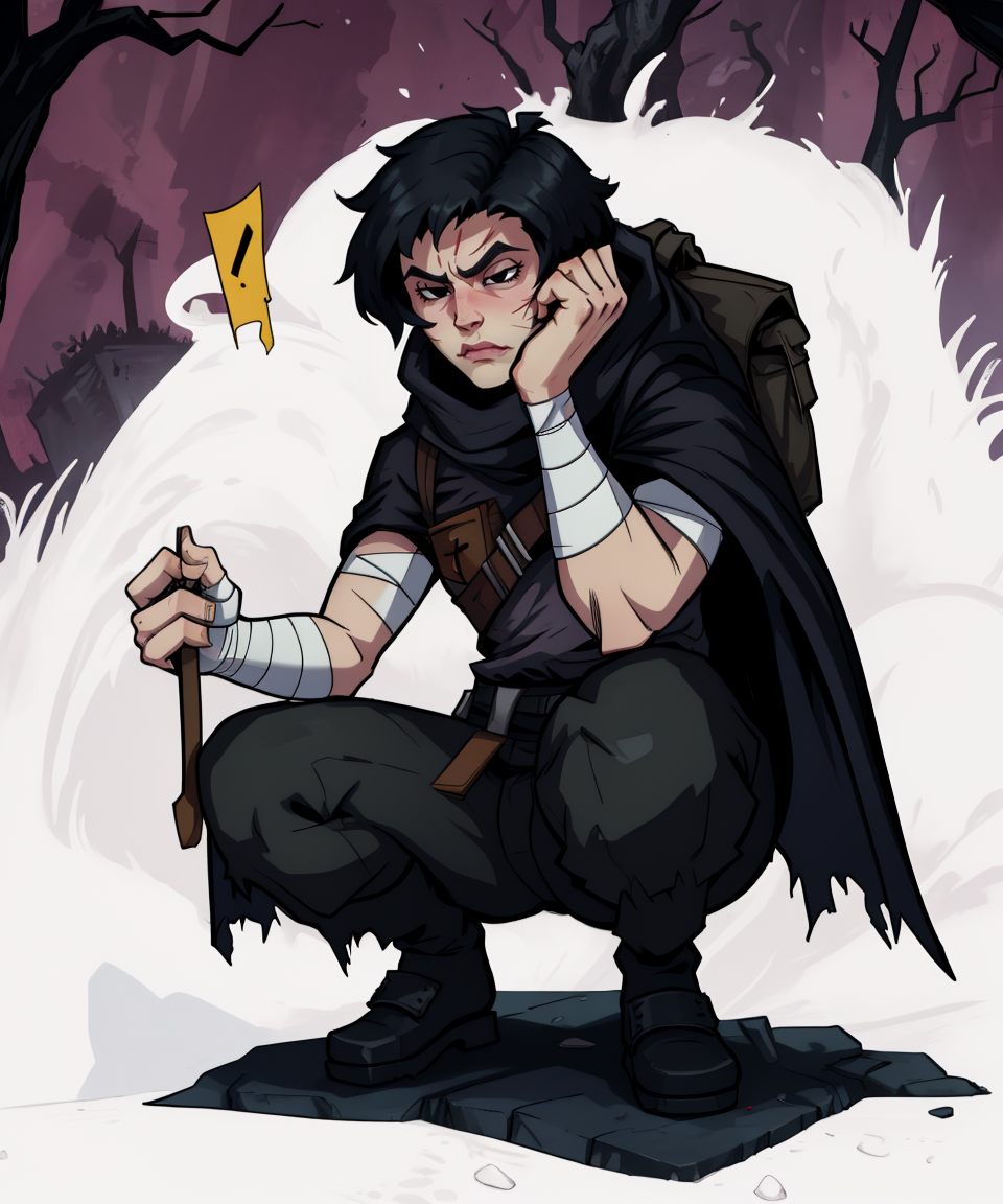 Rnway,black hair,haded face,black eyes,pixie cut,
arm bandages,torn clothes,cape,
darkest dungeon,dark forest,
solo,  squatting, 
(insanely detailed, masterpiece, best quality),
<lora:Runaway-10DDv7:0.8>,