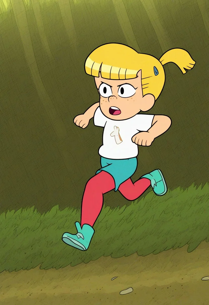 score_9, solo, Mackenzie_cotc, blonde hair, freckles, ponytail, shirt, forest, running, jumping obstacles, determinated to win a Race, focused, dynamic view, movement,