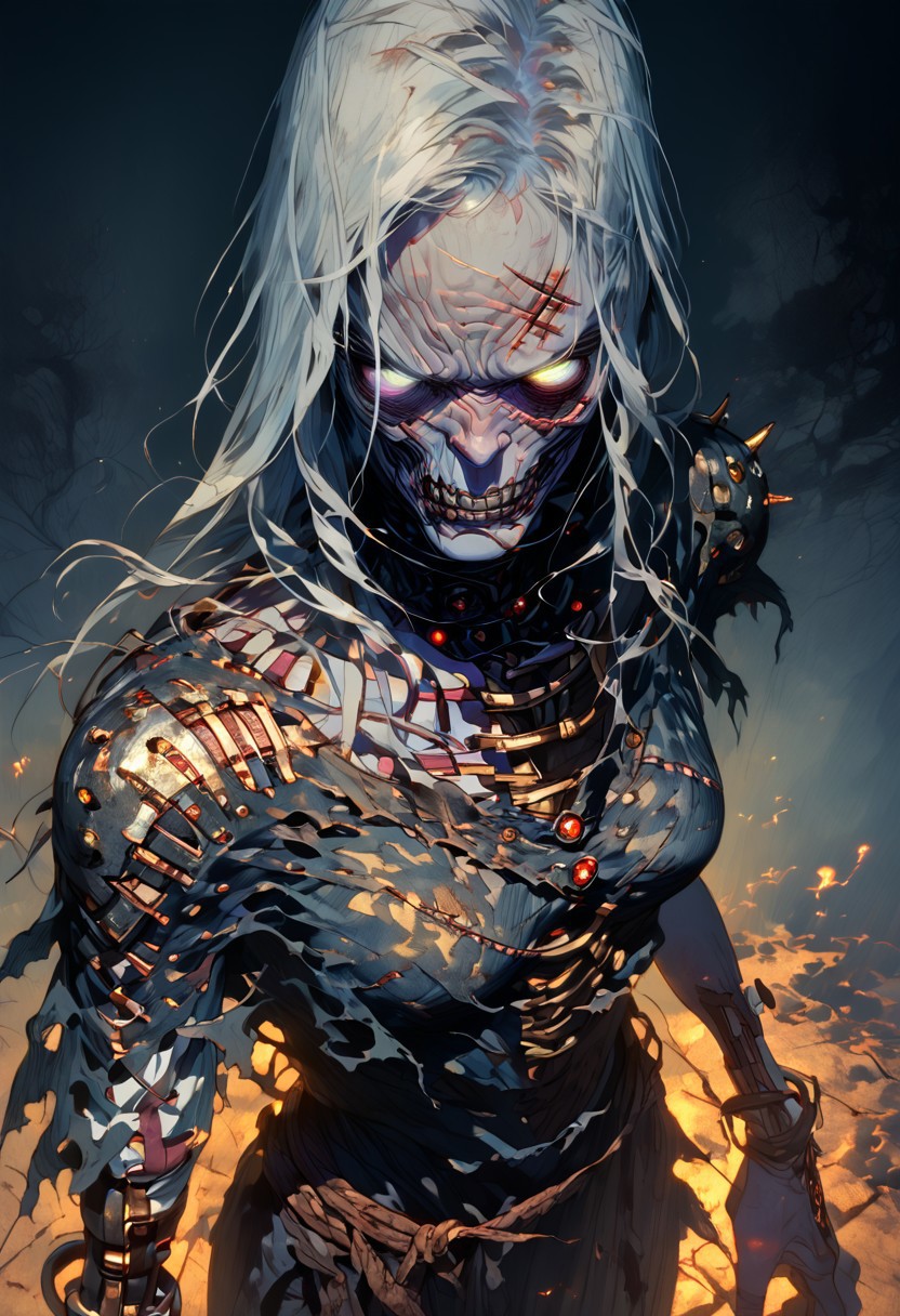 1girl, undead girl from world of warcraft, white long hair, whitish eyes, very pale skintone, scars, bones sticking out of the flesh from above, angry expression, dramatic pose, torn fantasy clothes, faded clothes, flat color, dark theme, fog, dim white light from behind, dramatic light