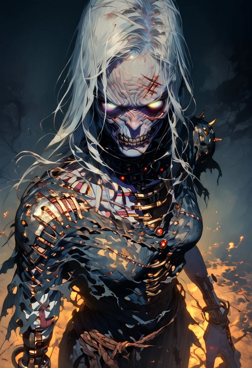 1girl, undead girl from world of warcraft, white long hair, whitish eyes, very pale skintone, scars, bones sticking out of the flesh from above, angry expression, dramatic pose, torn fantasy clothes, faded clothes, flat color, dark theme, fog, dim white light from behind, dramatic light