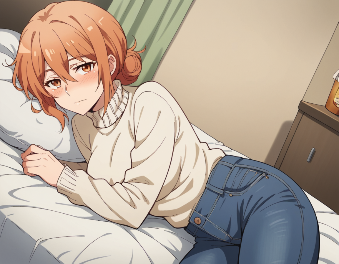 score_9, score_8_up, score_7_up, source_anime,
yuigahamama, <lora:mother-yuigahama-s2s3-ponyxl-lora-nochekaiser:1>,
yuigahamama, hair bun, mature female, orange eyes, orange hair, short hair, single hair bun, hair between eyes, sidelocks,
denim, jeans, pants, sweater, turtleneck, turtleneck sweater, white sweater,
indoors, bed, bed room, on side, blush, drunk,
looking at viewer, cowboy shot, dutch angle, solo,