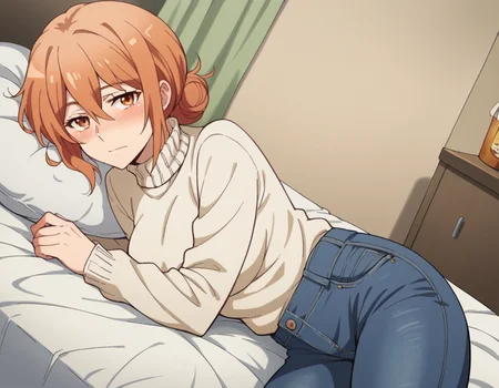 score_9, score_8_up, score_7_up, source_anime,
yuigahamama, <lora:mother-yuigahama-s2s3-ponyxl-lora-nochekaiser:1>,
yuigahamama, hair bun, mature female, orange eyes, orange hair, short hair, single hair bun, hair between eyes, sidelocks,
denim, jeans, pants, sweater, turtleneck, turtleneck sweater, white sweater,
indoors, bed, bed room, on side, blush, drunk,
looking at viewer, cowboy shot, dutch angle, solo,