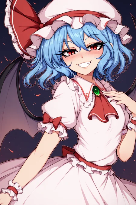 score_9, score_8_up, score_8, medium breasts, (curvy), cute, eyelashes, BREAK, , ,,, zzRemilia, red eyes, blue hair, short hair, hat, ribbon, wings, ascot, hat ribbon, bat wings, short sleeves, frills, puffy sleeves, smile, smug, <lora:Remilia_Touhou_PDXL:0.8> ,,, <lora:Afrobull_PDXL_v5:0.8>, ,,,, BREAK, side view, hip to the side, contrapposto,