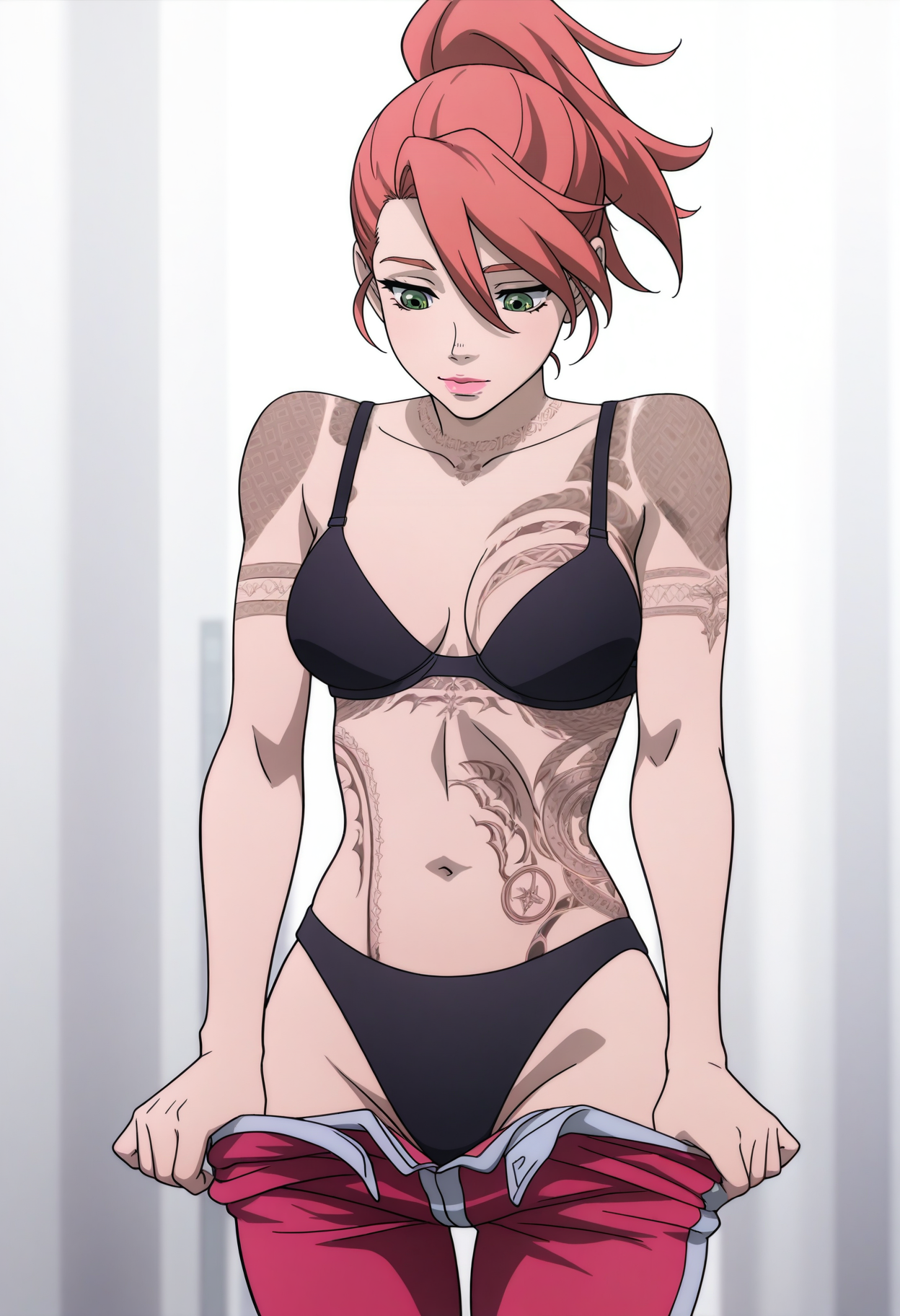 masterpiece, best quality, good quality, <lora:GTBBianca:1>, GTBBianca, 1girl, ponytail, pink hair, green eyes, pink lips, breasts,
tattoo, black bra, pink pants, black panties, 
undressing, looking down, pants pull, 
BREAK indoors, bright background,