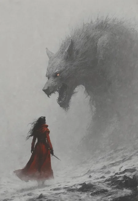Horror-themed masterpiece, best quality, Dramatic,Dynamic,Cinematic,Sharp details, Insane quality. Insane resolution. Insane details. Masterpiece. 32k resolution.
painting by Ko Young Hoon,
front view, Little Red Riding Hood walks in the snow in winter, behind her in the distance we can see a standing (werewolf:1.3) observing her, (fog:1.3),
<lora:add-detail-xl:1> <lora:Desolation:0.3> . Eerie, unsettling, dark, spooky, suspenseful, grim, highly detailed