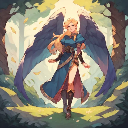 score_9, score_8_up, score_7_up, score_6_up, score_5_up, score_4_up, a girl in the forest, <lora:Nina_BoF2_XL:1> ninabofii, angel wings, blonde hair, long hair, sidelocks, dress, boots, bridal gauntlets,