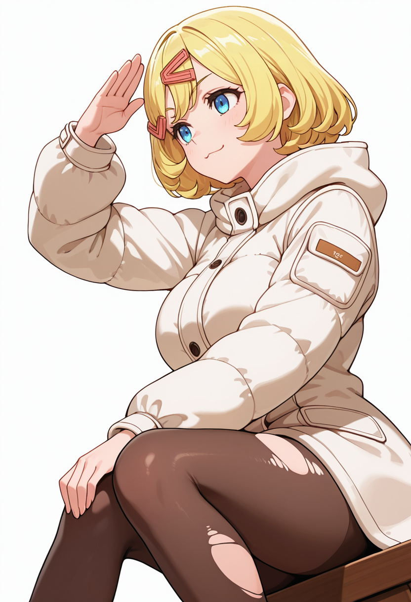 Smooth Quality,masterpiece,very intricate, high quality details, ultra realistic, high detailed skin,detailed enviorement,absurdres,
salute,solo,
 <lora:Esyne_CNR:0.8> esyne_cnr, blue eyes, blonde hair, short hair,large breasts, hair ornament, hairclip,, simple background, white background, dutch angle,
sitting, legs spread, hands on knees, serious face, upright posture,  ,, :3,, puffer jacket,  ,duffle coat,  ,torn pantyhose,  ,