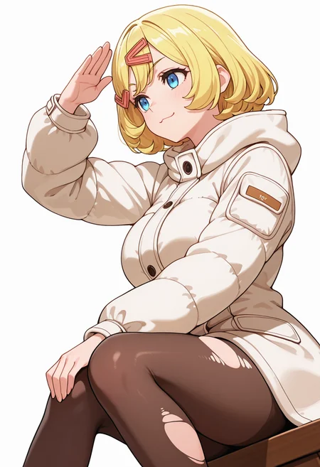 Smooth Quality,masterpiece,very intricate, high quality details, ultra realistic, high detailed skin,detailed enviorement,absurdres,
salute,solo,
 <lora:Esyne_CNR:0.8> esyne_cnr, blue eyes, blonde hair, short hair,large breasts, hair ornament, hairclip,, simple background, white background, dutch angle,
sitting, legs spread, hands on knees, serious face, upright posture,  ,, :3,, puffer jacket,  ,duffle coat,  ,torn pantyhose,  ,