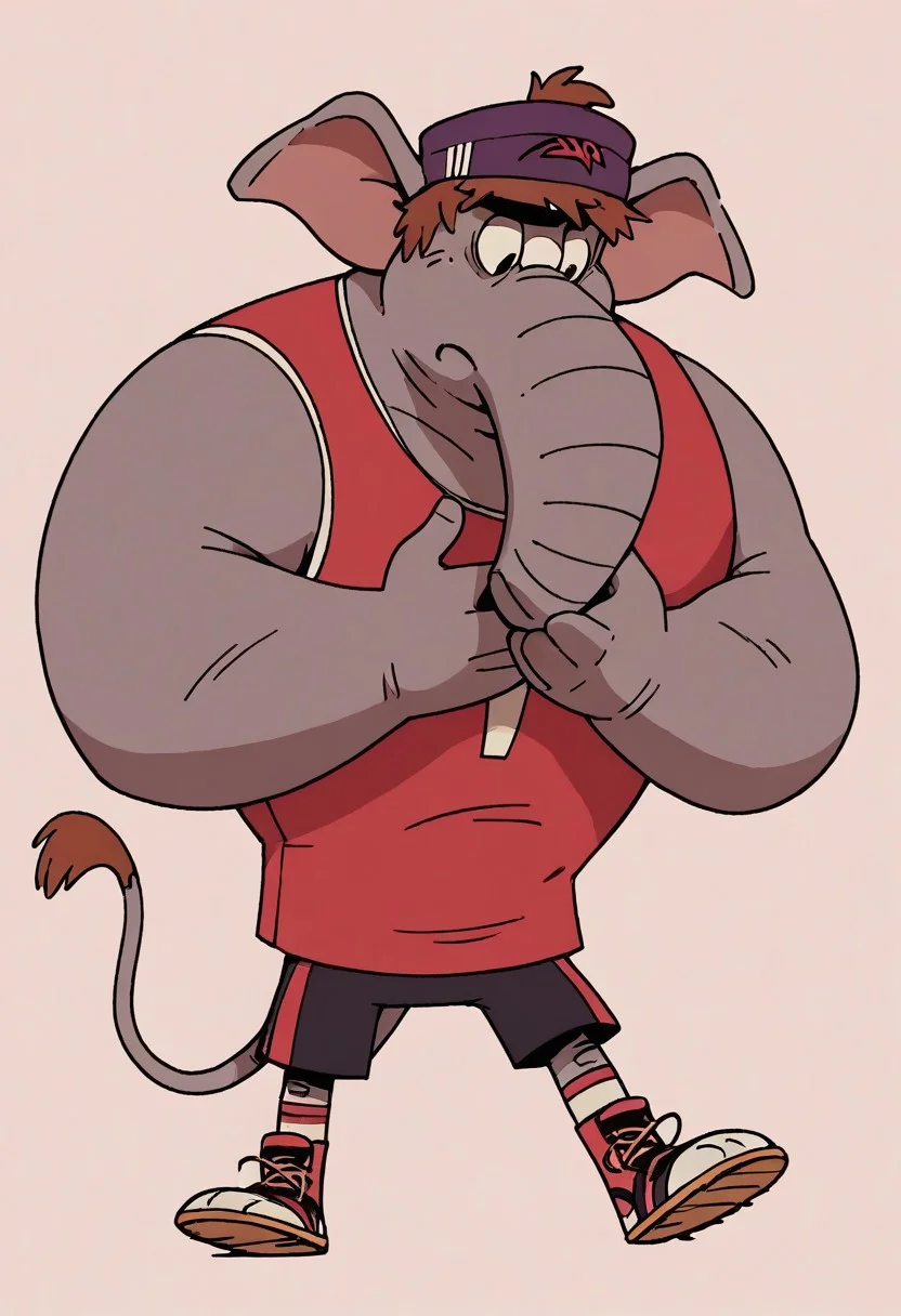 (score_9 | score_8_up | score_7_up)
((masterpiece:1))(best quality,very high quality,ultra detailed:1.2)
(2D,cartoon style,anime style)(Smooth:2)(clean blurring)
(four fingers on each hand,one thumb on each hand:1), Abu elephant, solo, brown hair, grey skin, black eyes, trunk, trunk nose, elephant trunk, elephant ears, monkey tail, purple vest, red and purple hat, alien, muscular, +++three eyes, extra eye, grey skin color, full body