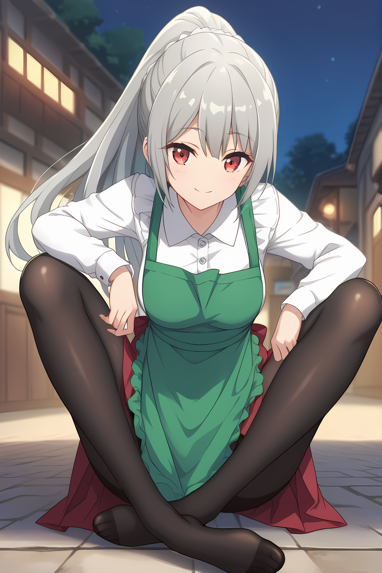 (green apron white shirt long sleeves red skirt black pantyhose:1.40), ig-maidena, grey hair, red eyes, 1girl, solo, skinny, score_9, score_8_up, score_8, score_7_up, score_7, score_6_up, score_6, score_5_up, score_5, source_anime, (happy:1.10), night sky outdoors, (full body:1.20), (:1.20), feet, <lora:ig-maidena-V01-000003:0.60> medium breasts, ponytail