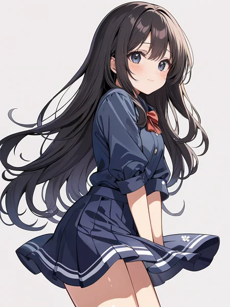masterpiece,ultra-detailed,best quality,8K,illustration,cute face,clean skin ,shiny hair,girl,ultra-detailed-eyes,simple background, <lora:add-detail-xl:1> <lora:skirt tug_XL_V1.0:1> skirt tug, skirt, wind lift, blush, wind