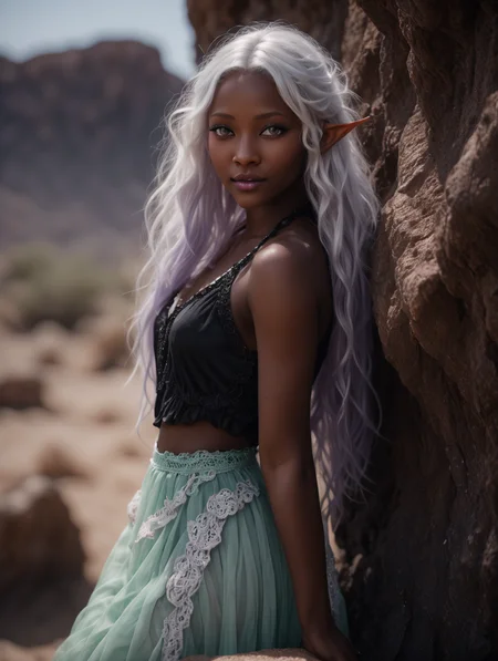 masterpice, award winning, film grain, (photorealistic:1.2), 16k, UHD, best quality, ultra highres, hyperrealistic, rim light, (soft focus, intricate, highly detailed),
Perfect Hands,
Tilted Dutch Angle,
nsfw,
A beautiful elf girl lean on a wall in a Volcanic Desert, <lora:Volcanic Desert:0.8>,
jet black skin, elf ears,
wearing a loose hanging black crop top and a (brilliant Jade green:1.1) ruffled revealing skirt,
smiling,
long white white disheveled tangled hair, messy hair,
wearing a loose hanging black crop top and a black and lavender ruffled revealing see-through crochet skirt,
looking at viewer,
lips parted,
<lora:RKN_Kyrth_SDXL:0.8>,
<lora:add-detail-xl:1>,
<lora:hand 5.5:0.8>