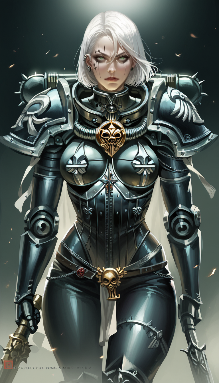 score_9, score_8_up, score_7_up, expressiveh, 1girl, adepta sororitas, wh40k, battle sisters, power armor, black armor, pauldron, 1girl, detailed face, white hair, beautiful girl, 
  <lora:Adepta_Sororitas_wh40k_Battle_Sisters:0.7>
<lora:Sakimichan_Style_till_24:0.8>, sakimichan,
, dark makeup, goth girl, green eyes,
<lora:Expressive_H:0.4>, Expressiveh,