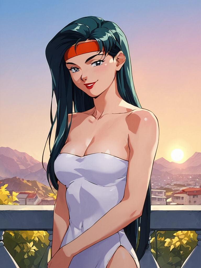 score_9, score_8_up, score_7_up, score_6_up, masterpiece, perfect face, perfect hands, high quality, source_cartoon, (1girl, solo,) <lora:Kiyone_Makibi_-_Tenchi_Muyo:1> kiyone, headband, retro artstyle, 1990s (style), long hair, dark hair, micro dress, strapless, bare shoulders, off shoulder, confident, smirk, makeup, lipstick, naughty face, balcony, sunset,