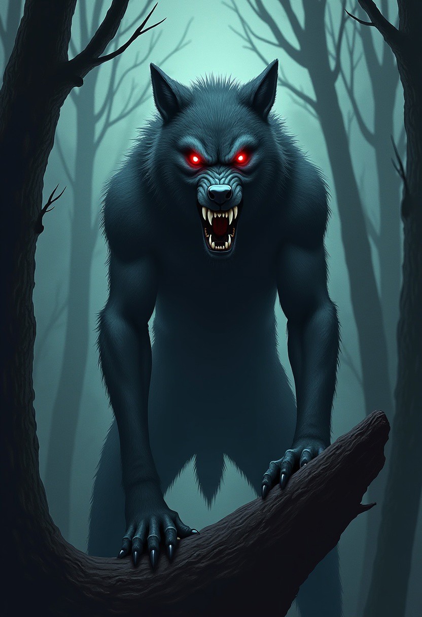 A beautiful, cinematic illustration of a werewolf, with red eyes, muscular, Alone in the forest, Ultra-sharp white teeth, Angry and irritated, As he stands on top of a tree, and looks into the eyes of the viewer, Horror art, Halloween decorations,