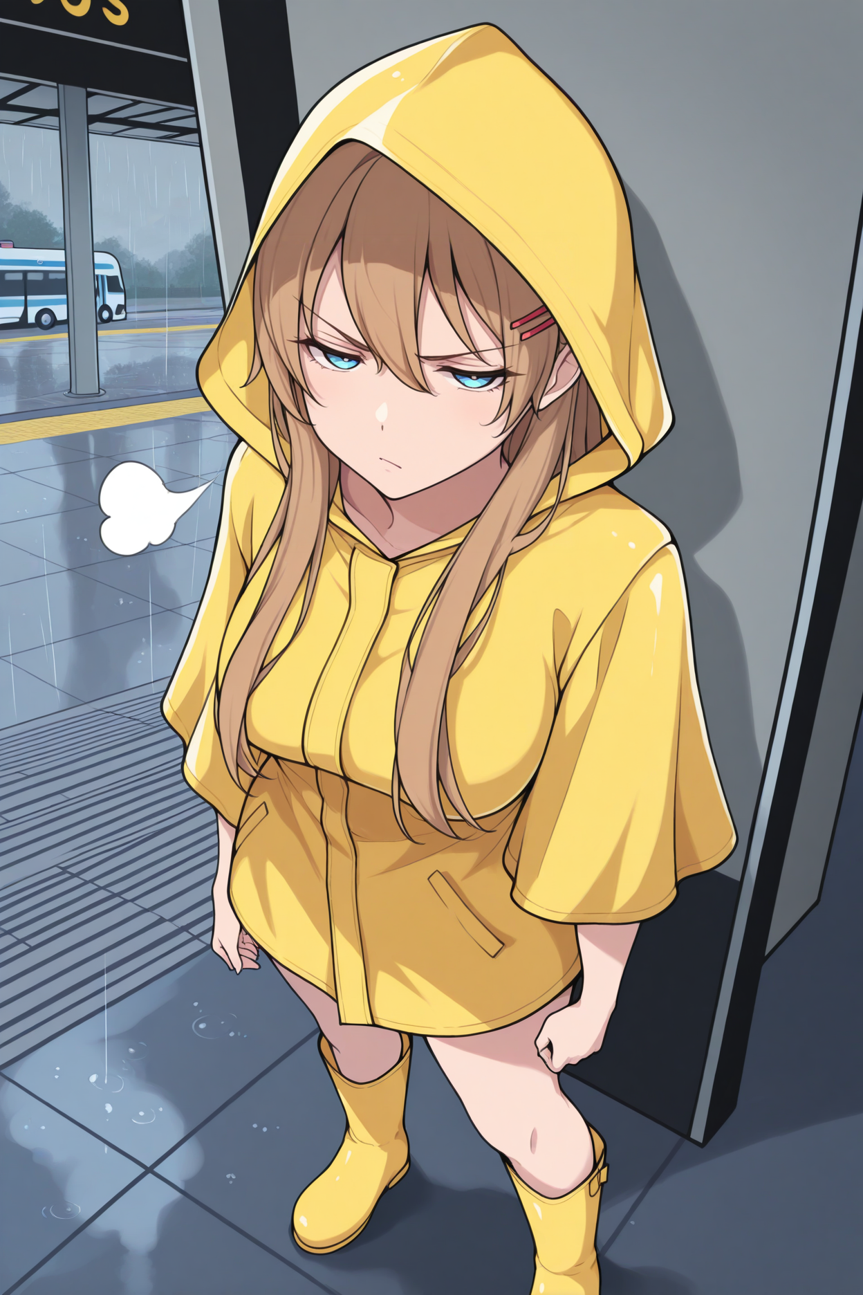 masterpiece, best quality, 1girl, solo, <lora:hiiragiasuka-illu-nvwls-v1-000006:1> txasuka, light brown hair, long hair, blue eyes, hairclip, yellow raincoat, rain, looking at viewer, bus station, half-closed eyes, annoyed, tired, hood up, sigh, grey skies, yellow rain boots