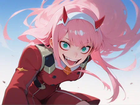 1girl, 
 Zero Two, Darling in the Franxx, ,
 crazy, action, 
<lora:DarkfireKans3n_v2Final:1>