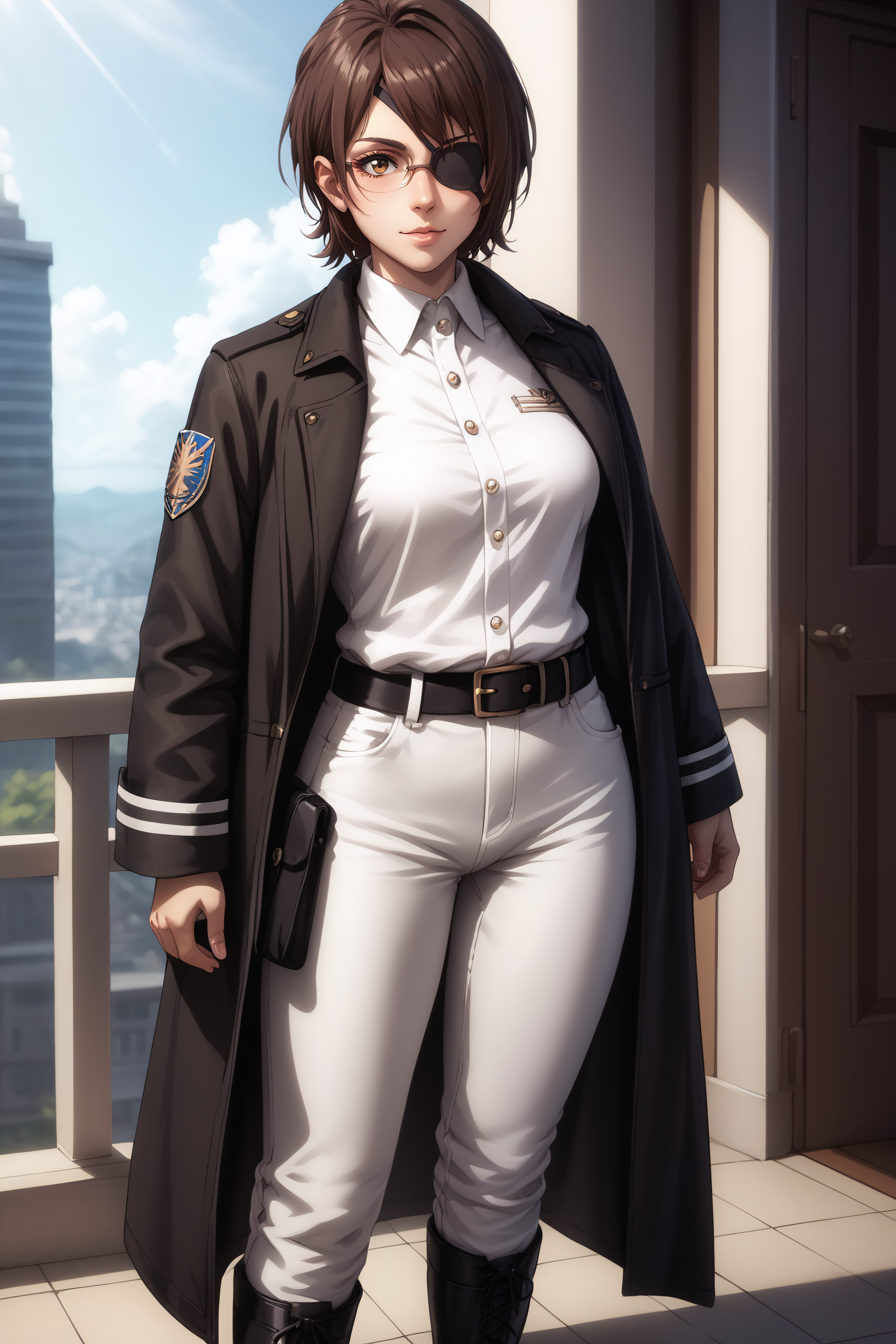 score_9, score_8_up, score_7_up, BREAK source_anime, <lora:hange zoë-PonyXL-lora-Faxtron:0.8> hange, glasses, brown eyes, dark brown hair, medium breasts, eye patch, military overcoat, survey corps \(emblem\), white shirt, white pants, knee boots, standing,