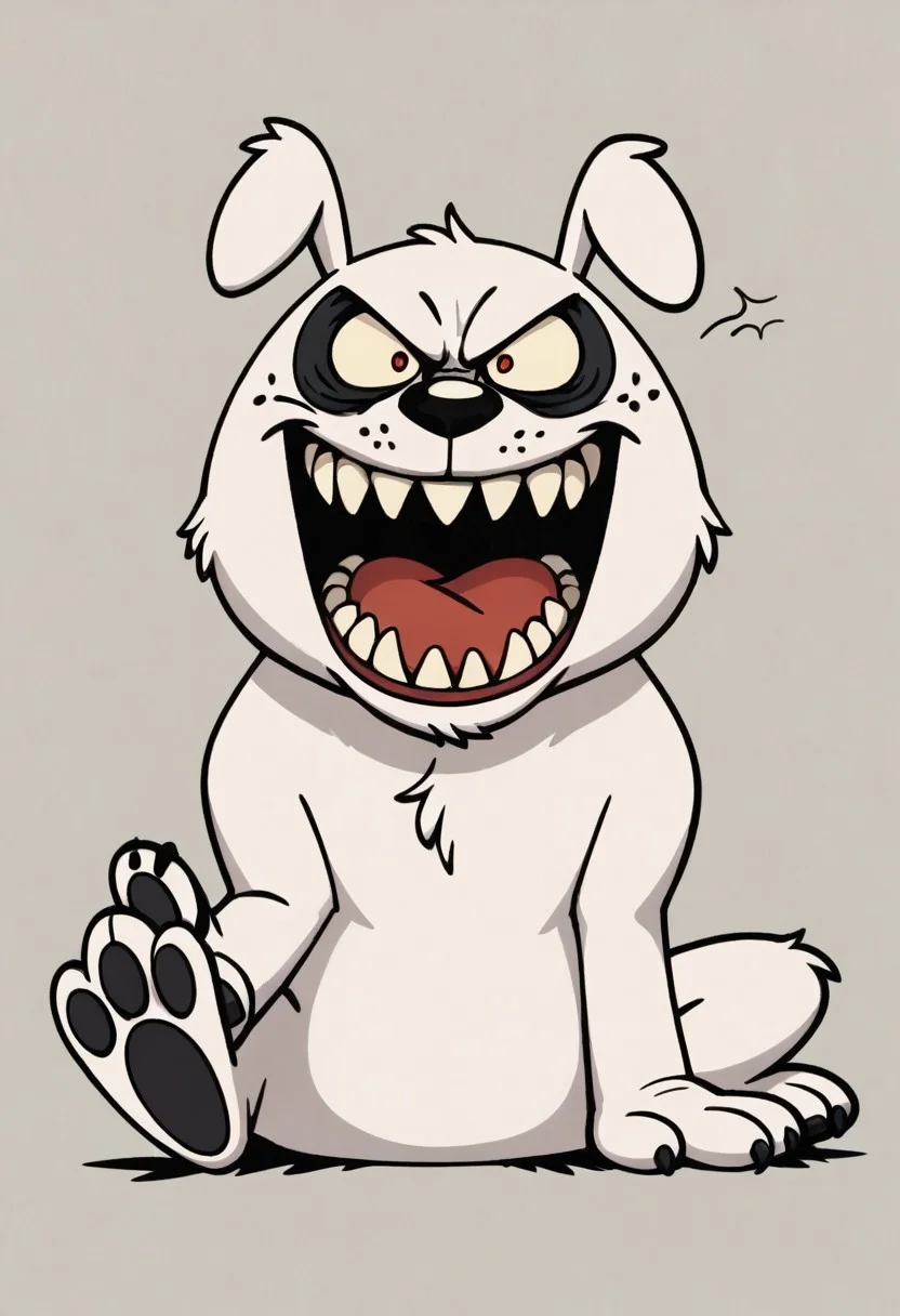 (score_9 | score_8_up | score_7_up) ((masterpiece:1))(best quality,very high quality,ultra detailed:1.2) (2D,cartoon style,anime style)(Smooth:2)(clean blurring) (four fingers on each hand,one thumb on each hand:1), solo, charles, dog, black spot on left eye, white fur, paw, dog paws, runaway brain, monstrous look, angry face, exagerated features, intense eyes, aggressie expression, hunched, menacing, sharp teeth, hunched over, full body