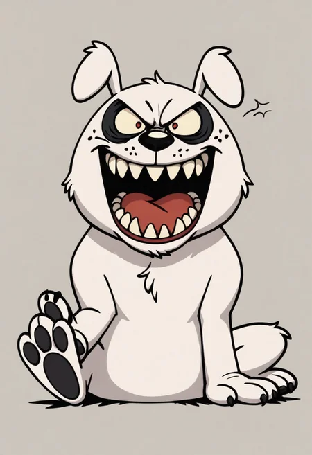 (score_9 | score_8_up | score_7_up) ((masterpiece:1))(best quality,very high quality,ultra detailed:1.2) (2D,cartoon style,anime style)(Smooth:2)(clean blurring) (four fingers on each hand,one thumb on each hand:1), solo, charles, dog, black spot on left eye, white fur, paw, dog paws, runaway brain, monstrous look, angry face, exagerated features, intense eyes, aggressie expression, hunched, menacing, sharp teeth, hunched over, full body