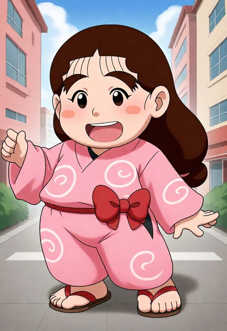 <lora:Hyper-SDXL-8steps-lora:1><lora:Fixhands_anime_bdsqlsz_V1:1>zPDXL2, score_9, score_8_up, score_7_up, source_anime, intricate details, perfect anatomy BREAK
1girl, solo, chibi, ookawashige, plump, brown hair, long hair, thick eyebrows, black eyes, blush stickers, pink kimono, sandals,
downpants, fighting stance, Flirty, A playful smile, arched eyebrows, and a slightly tilted head.,
outdoors, city, tokyo, japan,
<lora:ookawashige_XL(pony)v11:1>