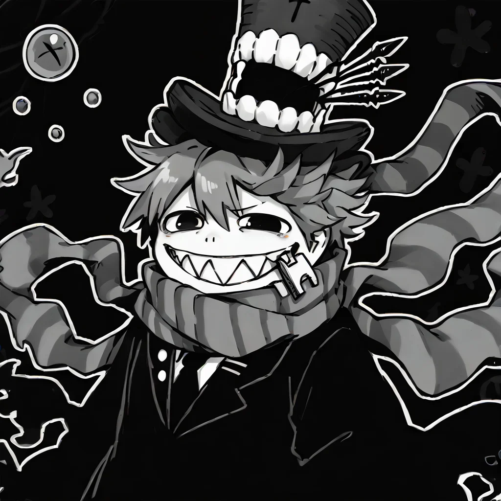 <lora:KirbyJP:1.29> thick lineart, (solo:1.9)
<lora:Happy_Heroine_Sniper:0.8> teeth, hat, sharp teeth, grin, scarf, top hat, monochrome, striped scarf, black suit, (black eyes:1.9)