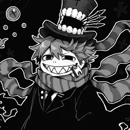<lora:KirbyJP:1.29> thick lineart, (solo:1.9)
<lora:Happy_Heroine_Sniper:0.8> teeth, hat, sharp teeth, grin, scarf, top hat, monochrome, striped scarf, black suit, (black eyes:1.9)