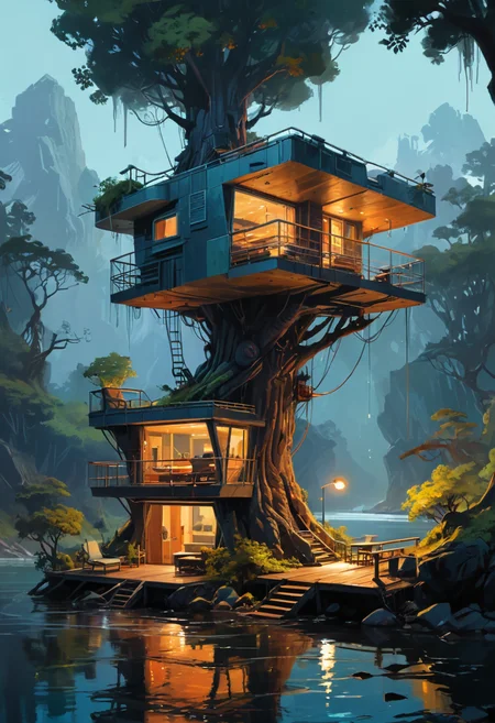 a scene of futuristic treehouse lounge by water. highly detailed science fiction painting by norman rockwell, frank frazetta, and syd mead. rich colors, high contrast, gloomy atmosphere, dark background. trending on artstation <lora:add-detail-xl:0.75>, <lora:xl_more_art-full_v1:0.75>