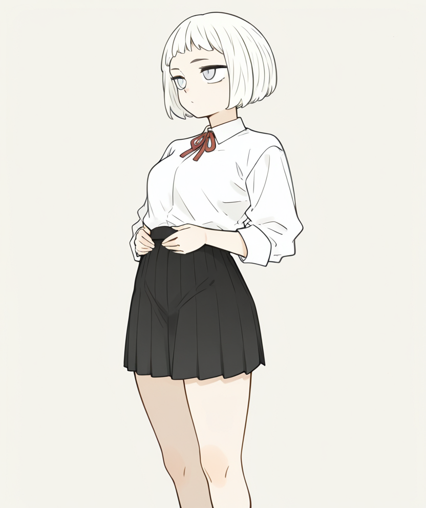 White hair,short hair,short bangs,gray blue eyes,petite body,Pubic hair,medium chest,Short girl,white shirt,Black pleated skirt,white sneakers,Stand up,with both hands at your waist,1girl,solo,simple background,, masterpiece, best quality,