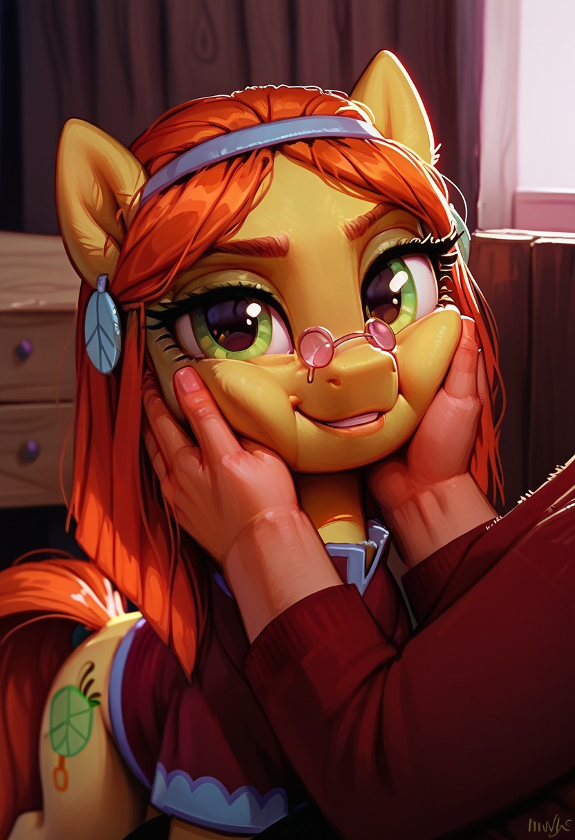 score_9, score_8_up, score_8_up, My Little Pony, 1girl, solo,<lora:add-detail-xl:.5>, depth of field, raw, close up shot, focus on torso, (feral), pony, inside, backstage
BREAK wheat_grass_mlp, (feral), pony, green eyes, orange hair, yellow body, small round sunglasses, peace sigh earrings, red shirt, intimate shot, posing, (view from above), sitting on knees, kneeling, cheek squash, hands on another's face, hands on another's cheeks, male human hand, human on pony action, male body out of frame
