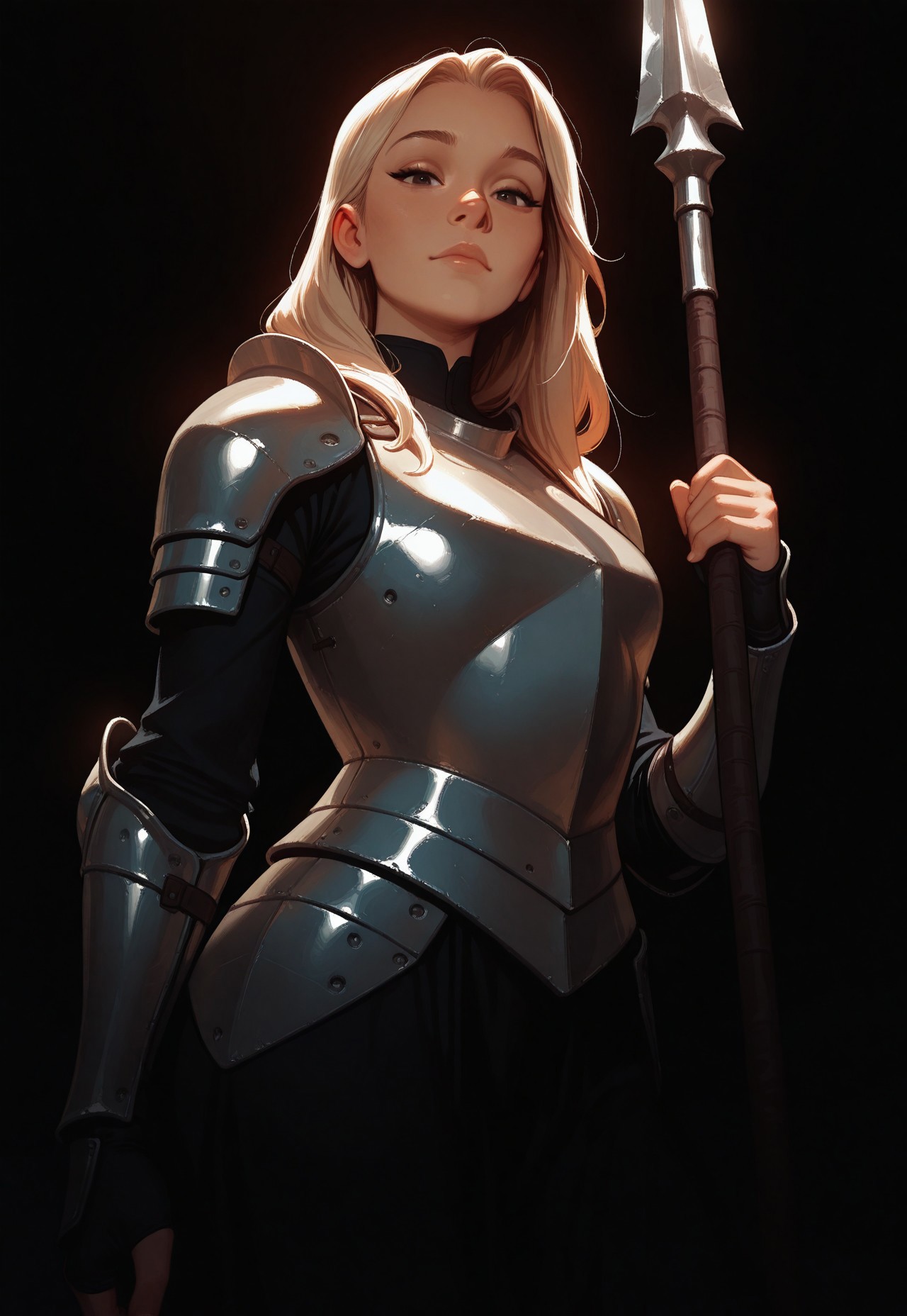 HDR, 8K, high contrast, masterpiece, best quality, amazing quality, very aesthetic, realistic, newest, volumetric lighting, (flat colors:1), ((black background)), (incase:0.3), (tsuaii:0.3),
1girl, solo, weapon, polearm, spear, holding, holding weapon, steel armor, aged up, adult, close up, dynamic angle, looking at viewer