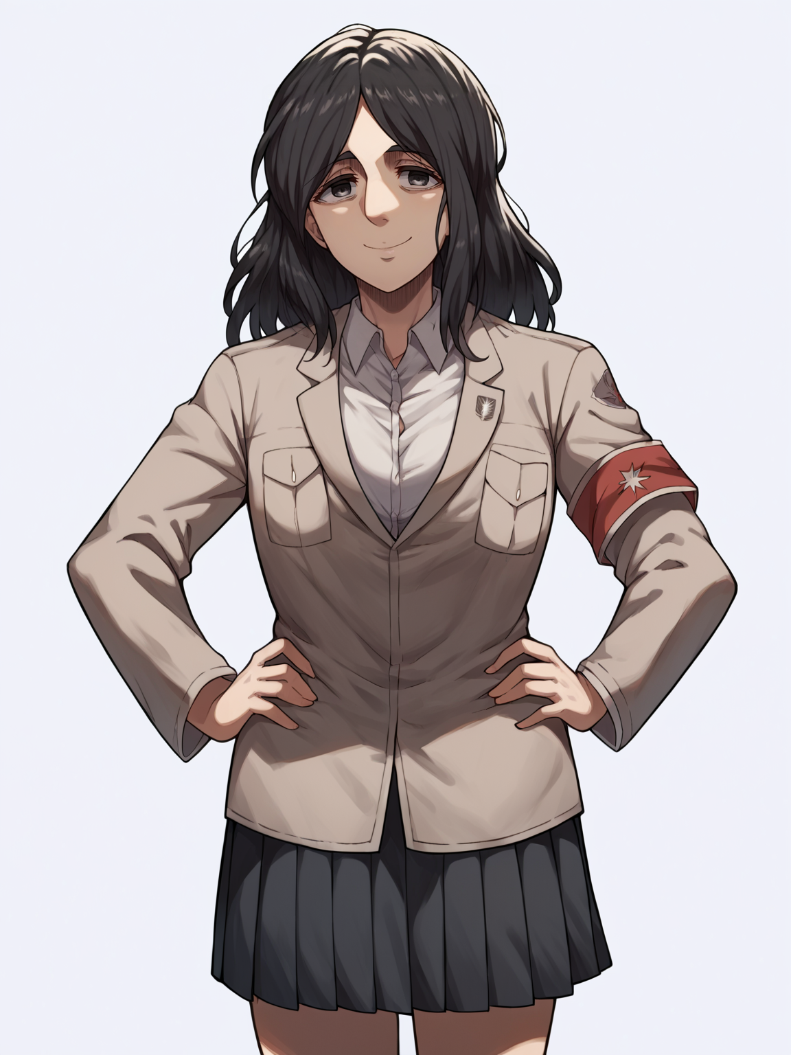 score_9, score_8_up, score_7_up, score_6_up, score_5_up, score_4_up, BREAK, source_cartoon, source_anime,
1girl, pieck, pieckeldian, black hair, long hair, black eyes, armband, boots, breast pocket, brown jacket, long pleated skirt, closed mouth, collared shirt, long sleeves,
hands on hips, standing, smile, looking at viewer, solo, simple background, white background     <lora:PieckXL:1>