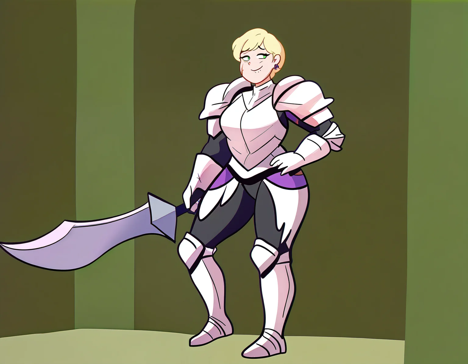 by carl newman, 1girl, two-tone-armor, black-armor, white-armor, smug, posing, holding-weapon, oversized-sword, short-hair, blonde-hair, green-eyes, scar-on-face, piercing, masterpiece, best quality, newest, absurdres, highres