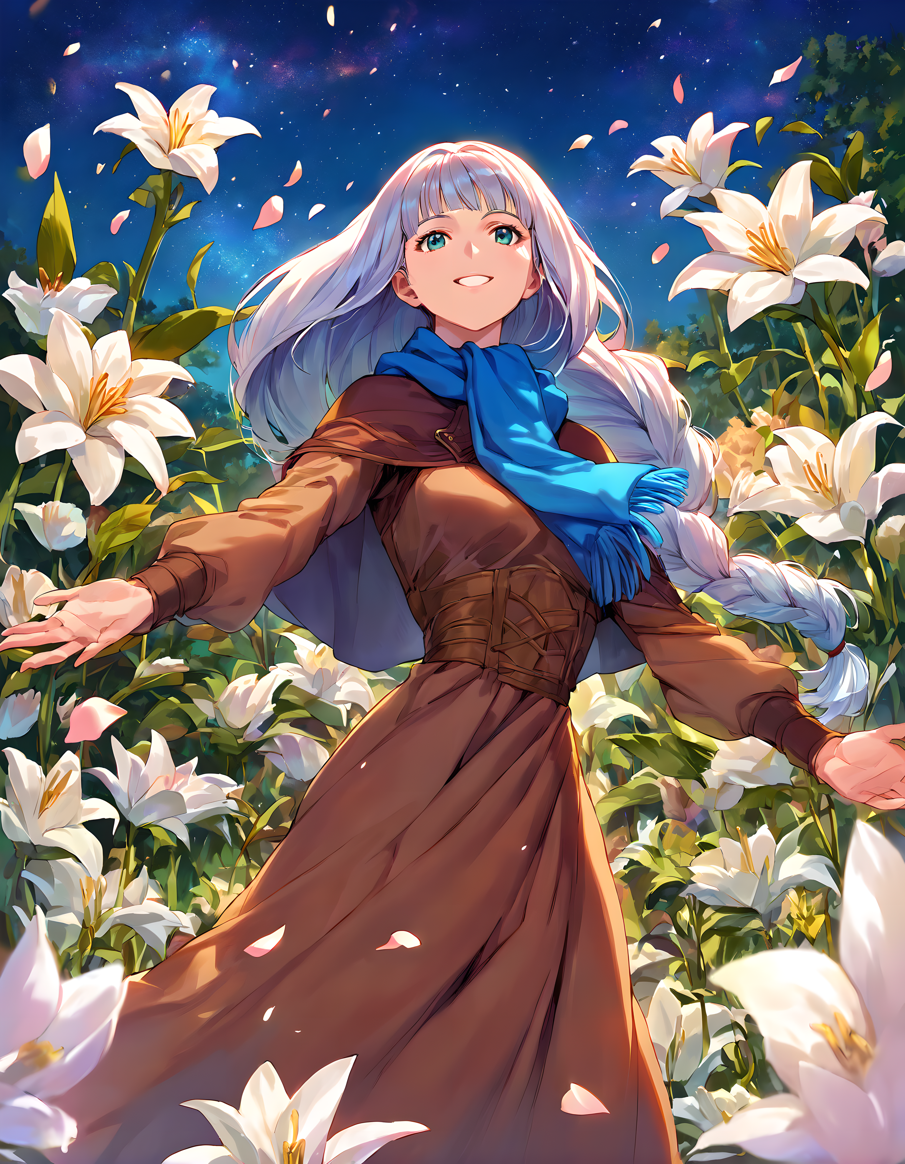 <lora:pony_xl_Lenneth:0.9>,Lenneth,score_9,score_8_up,score_7_up,source_anime,1girl,solo,brown dress,long dress,long sleeves,blue scarf,fringe trim,capelet,nature,flower field,Lily of the valley,petals,cowboy_shot,from_below,night,starry_sky,smile,kind_smile,dance,outstretched_arms,