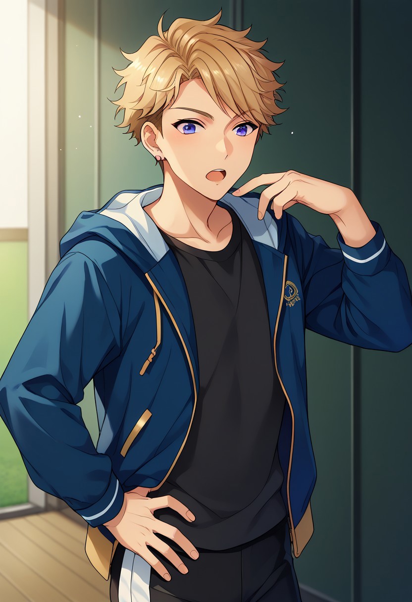 score_9, score_8_up, score_7_up, source_anime, highly detailed, 
narukami, 1boy, male focus, blonde hair, solo, jacket, open mouth, pants, purple eyes,
shirt, hood, black pants, short hair, blue eyes, hand on hip, open clothes, track jacket, upper body,
indoor,