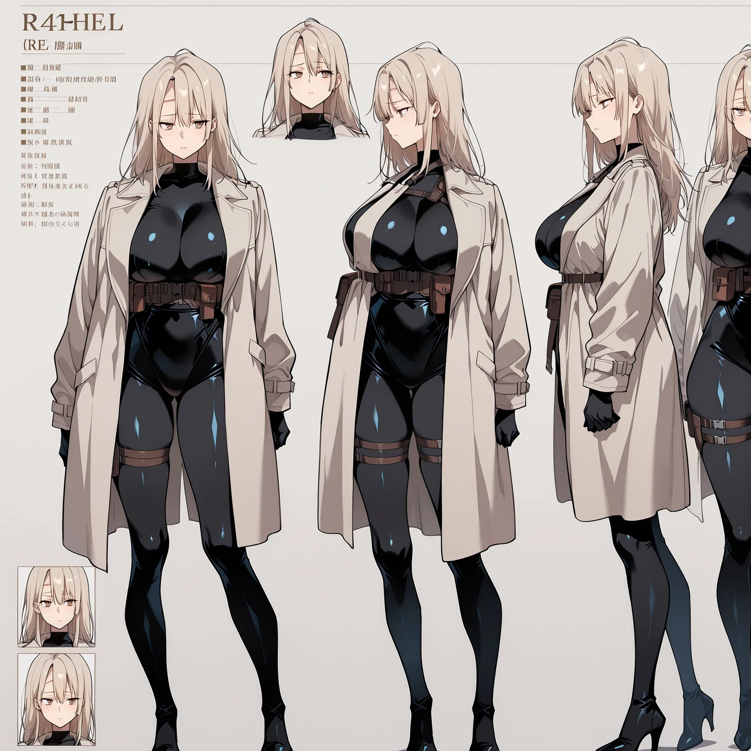 masterpiece, high quality, absurdres, best quality, very aesthetic, newest, highres, <lora:Multiple_Views_Sheet:1>, multiple views sheet, concept art, reference sheet, character profile, character chart, multiple views, multiple expressions, turnaround, reference sheet, concept art, multiple views, zoom layer, big breasts, <lora:Rachel_Juvenile_Law__Illustrious:1>, r4chel, blonde hair, long hair, brown eyes, forehead scar, bodysuit, coat