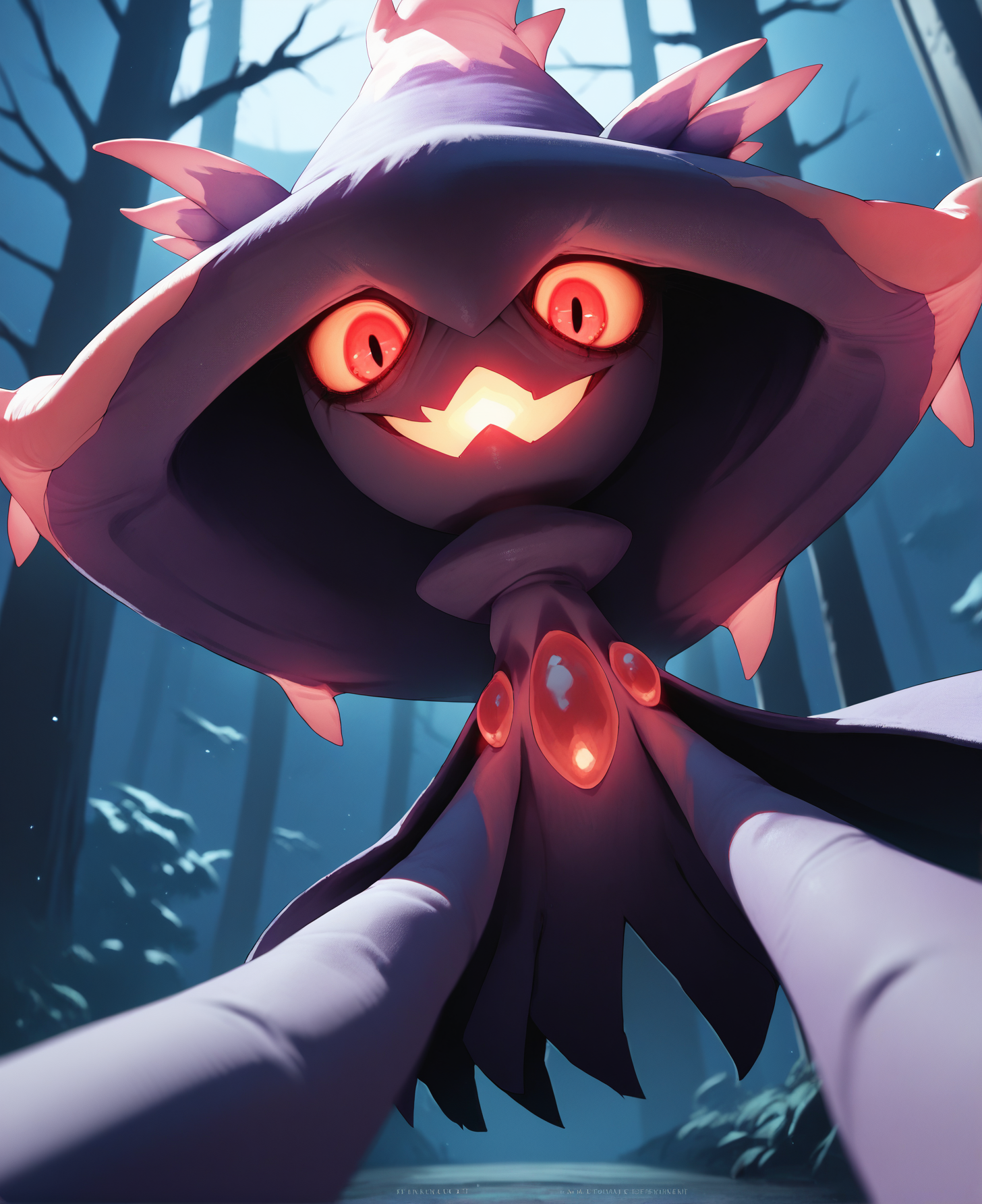 score_9, score_8_up, score_7_up, score_6_up, score_5_up, best quality, highres, darkness, night, dark forest, BREAK
<lora:MismagiusPDXL:1>
1girl pokemon \(creature\), mismagius, solo, floating, open mouth, laughing, (looking at viewer:1.2), leaning forward, glowing red eyes, creepy eyes, creepy smile, narrowed eyes, smug, (POV:1.2), (from below:1.2), purple robe, reaching towards viewer