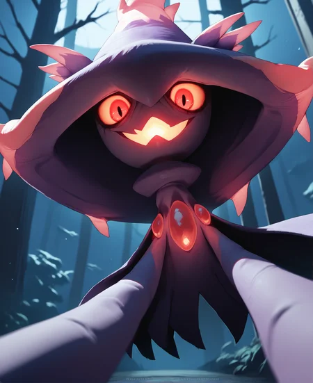 score_9, score_8_up, score_7_up, score_6_up, score_5_up, best quality, highres, darkness, night, dark forest, BREAK
<lora:MismagiusPDXL:1>
1girl pokemon \(creature\), mismagius, solo, floating, open mouth, laughing, (looking at viewer:1.2), leaning forward, glowing red eyes, creepy eyes, creepy smile, narrowed eyes, smug, (POV:1.2), (from below:1.2), purple robe, reaching towards viewer
