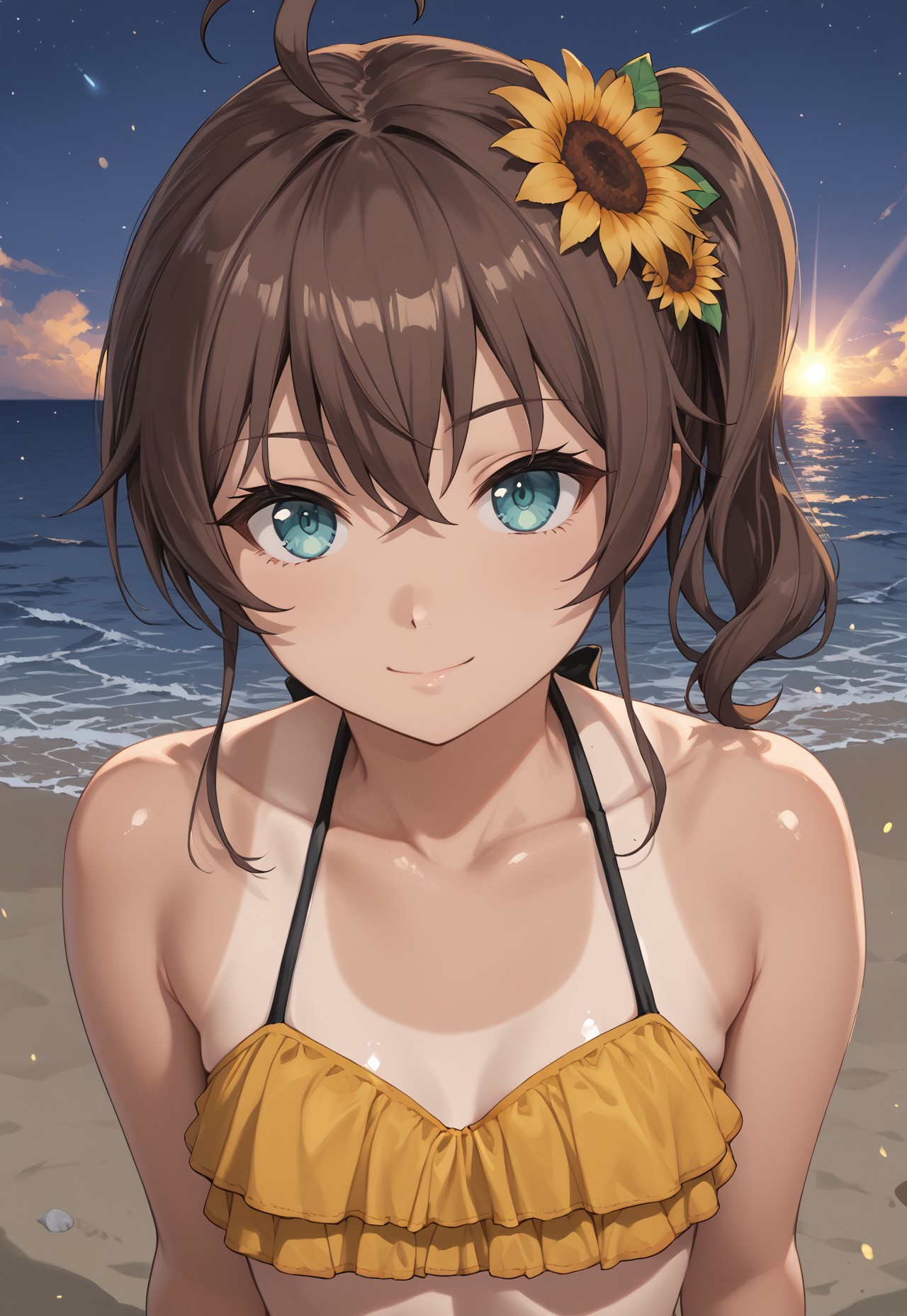 1girl, solo, solo focus, highres, absurdres, MatsuriSummer2019, brown hair, swimsuit, frilled bikini, sunflower hair ornament, side ponytail, ahoge, hair flower, tanlines, one-piece tan, bangs, hair between eyes, navel, yellow bikini, blue eyes, collarbone, bare shoulders, small breasts, medium hair, black ribbon,

closed mouth, light smile, head tilt,
beach, dark, night, night sky, 

light particles, backlighting, shade, light rays, lens flare, shiny skin, fine fabric emphasis,